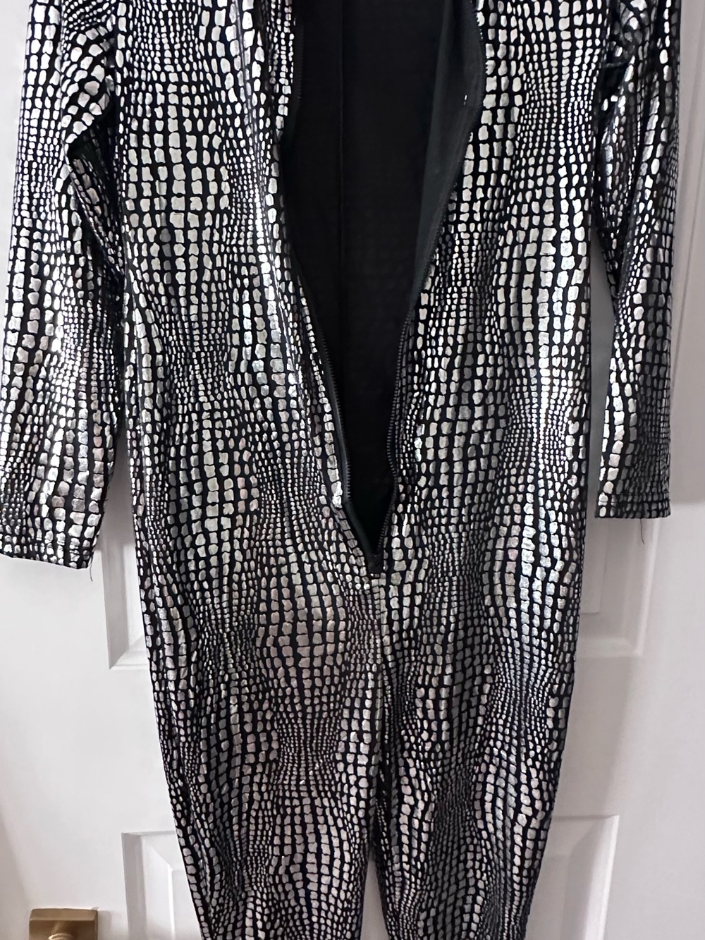 Metallic Silver & Black Crocodile-Pattern Jumpsuit